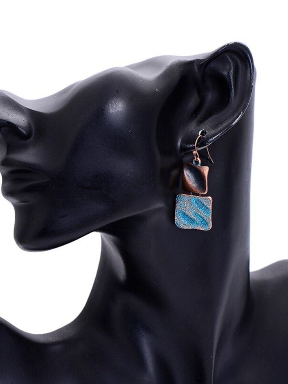 Rustic Verdigris Copper Patina Geometric Hammered Squares Dangle Earrings